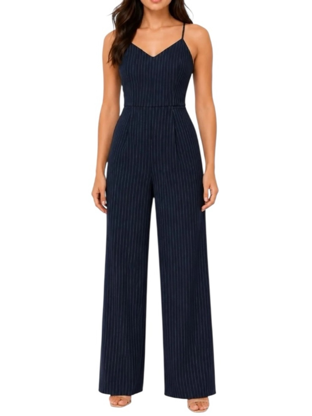 Anthropologie Essential Pinstripe Wide Leg Jumpsuit Navy Blue Size 14 Pockets